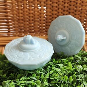2 Vintage 1950's Blue Powder Celluloid Boxes With Decorative Lids Coquette Bride
